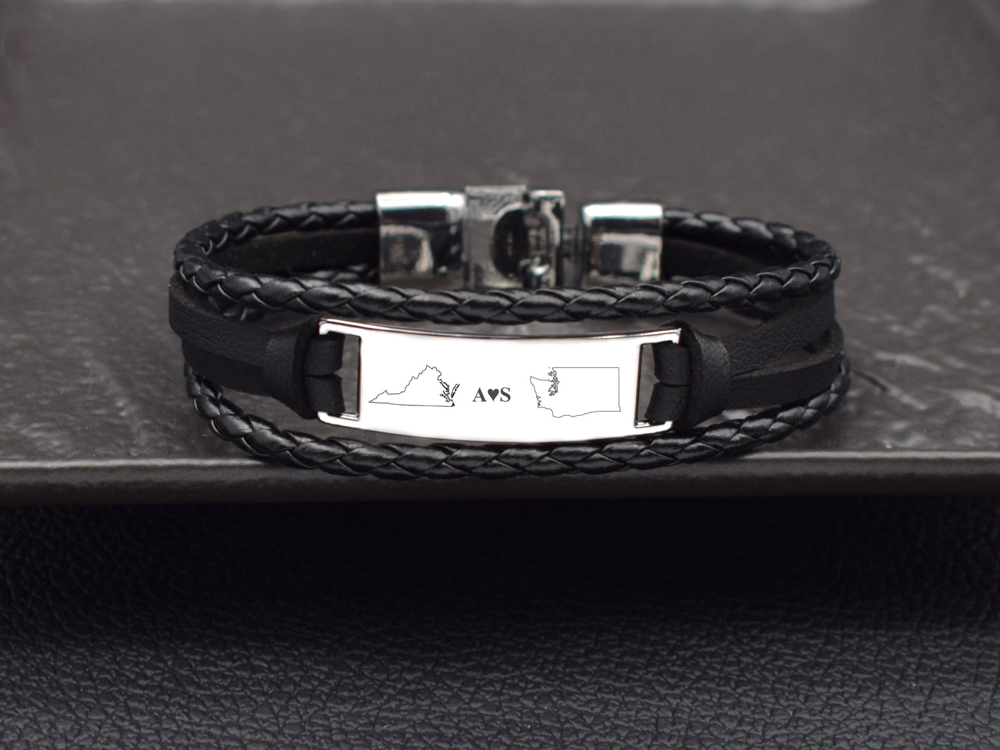 Long distance relationship gifts leather state bracelet with initials