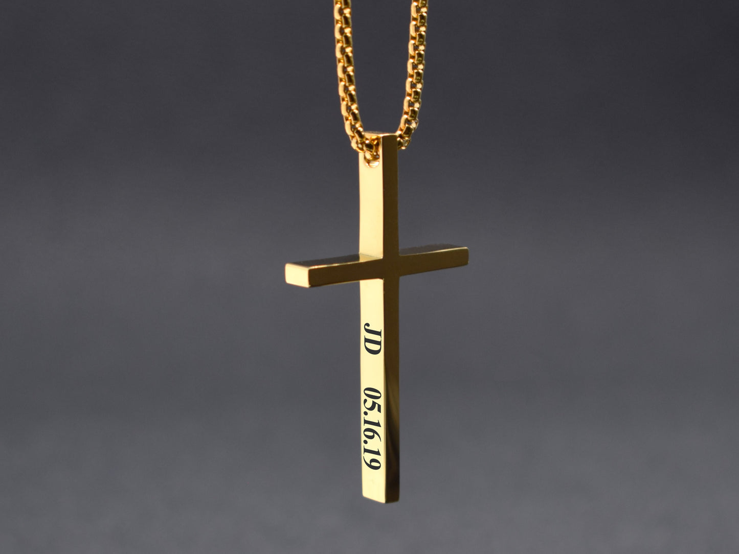 Gold stainless steel engraved cross necklace personalized date engraving