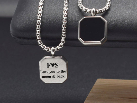 Custom engraved octagon pendant necklace on stainless steel chain