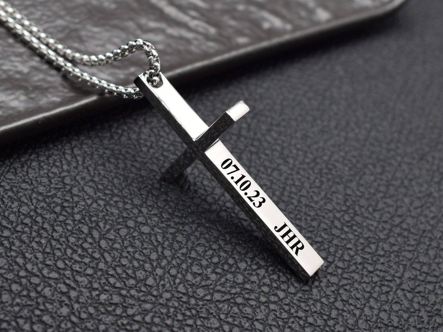 Silver stainless steel engraved cross necklace for men with custom date