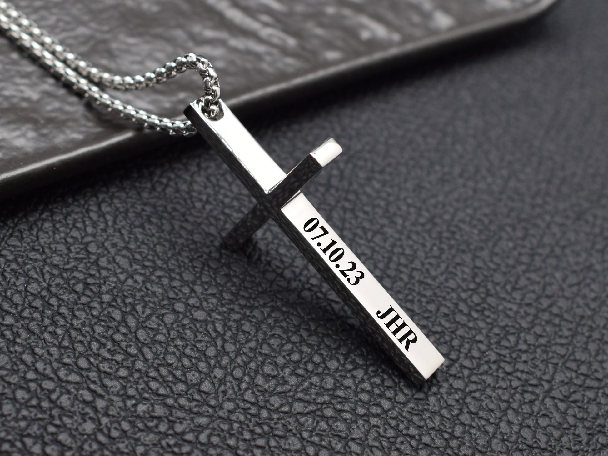 Silver stainless steel engraved cross necklace for men with custom date