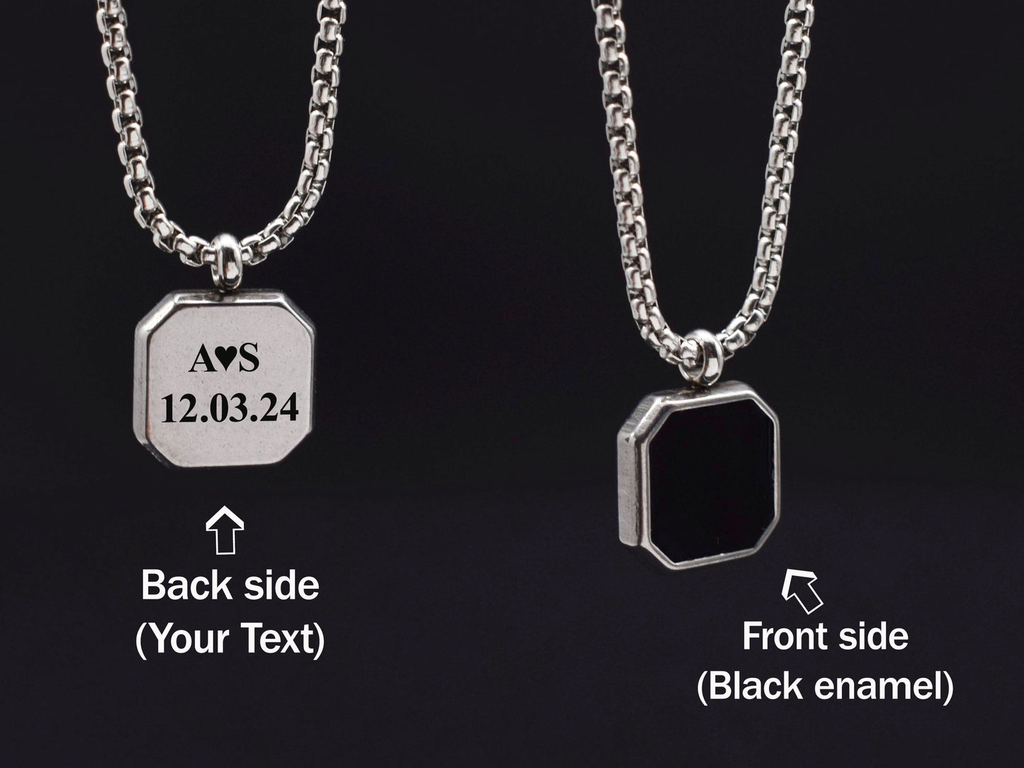Personalized stainless steel pendant necklace with engraved initials and date