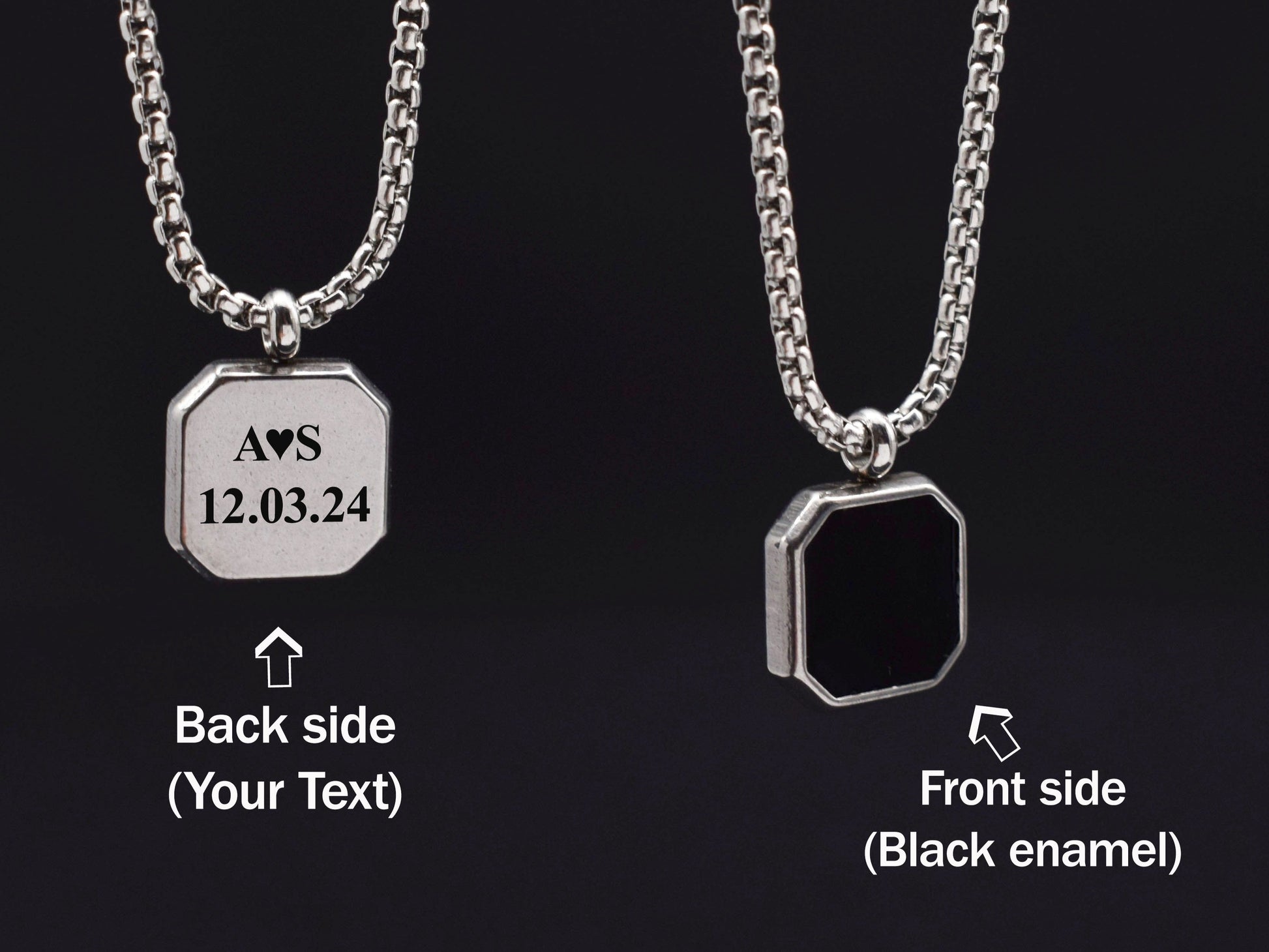 Personalized stainless steel pendant necklace with engraved initials and date