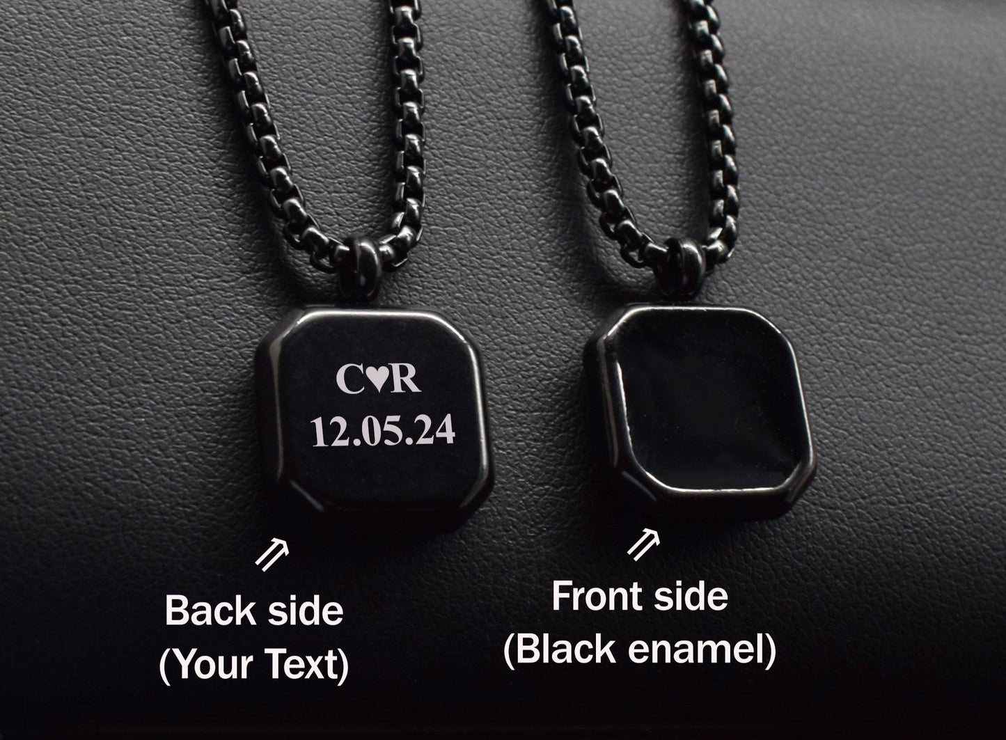 Custom engraved black necklace for boyfriend with initials and anniversary date