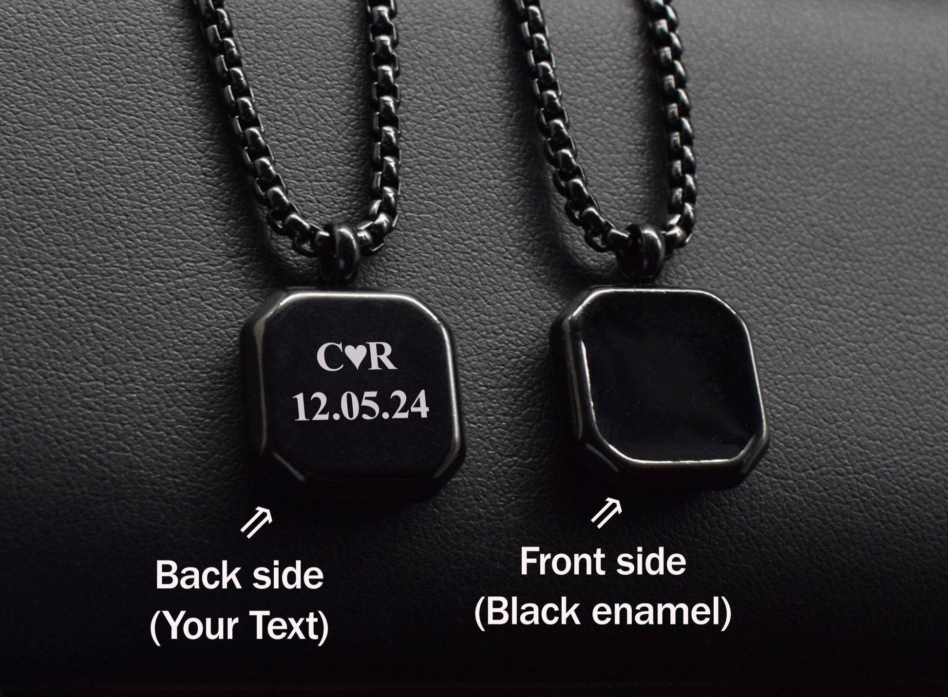 Custom engraved black necklace for boyfriend with initials and anniversary date