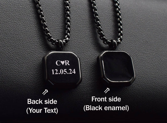 Custom engraved black necklace for boyfriend with initials and anniversary date