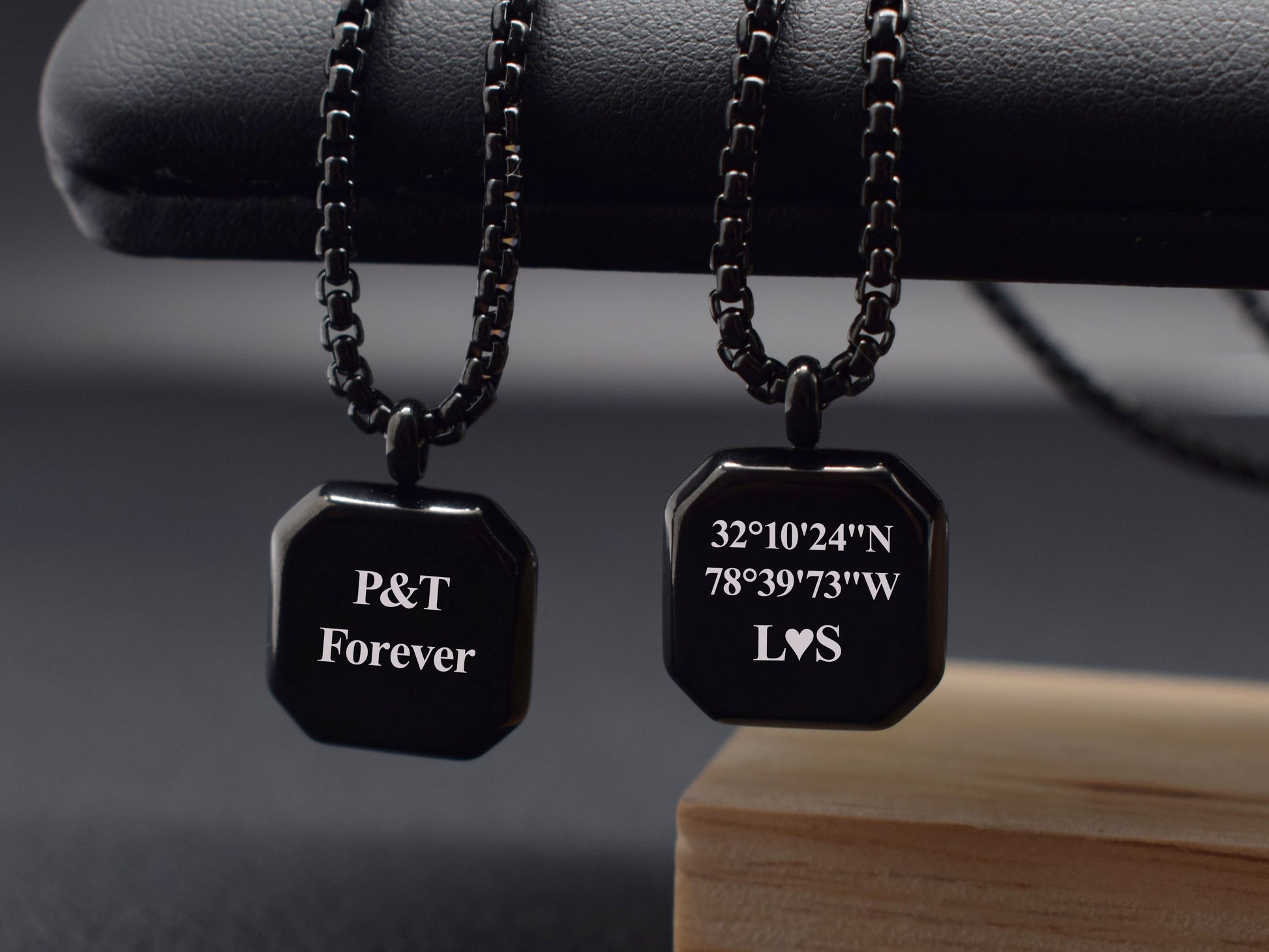 Modern minimalist necklace for him with engraved initials and  coordinates