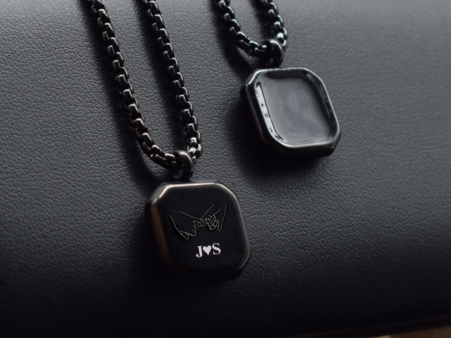 Romantic black necklace for boyfriend with custom initials and pinky promise symbol