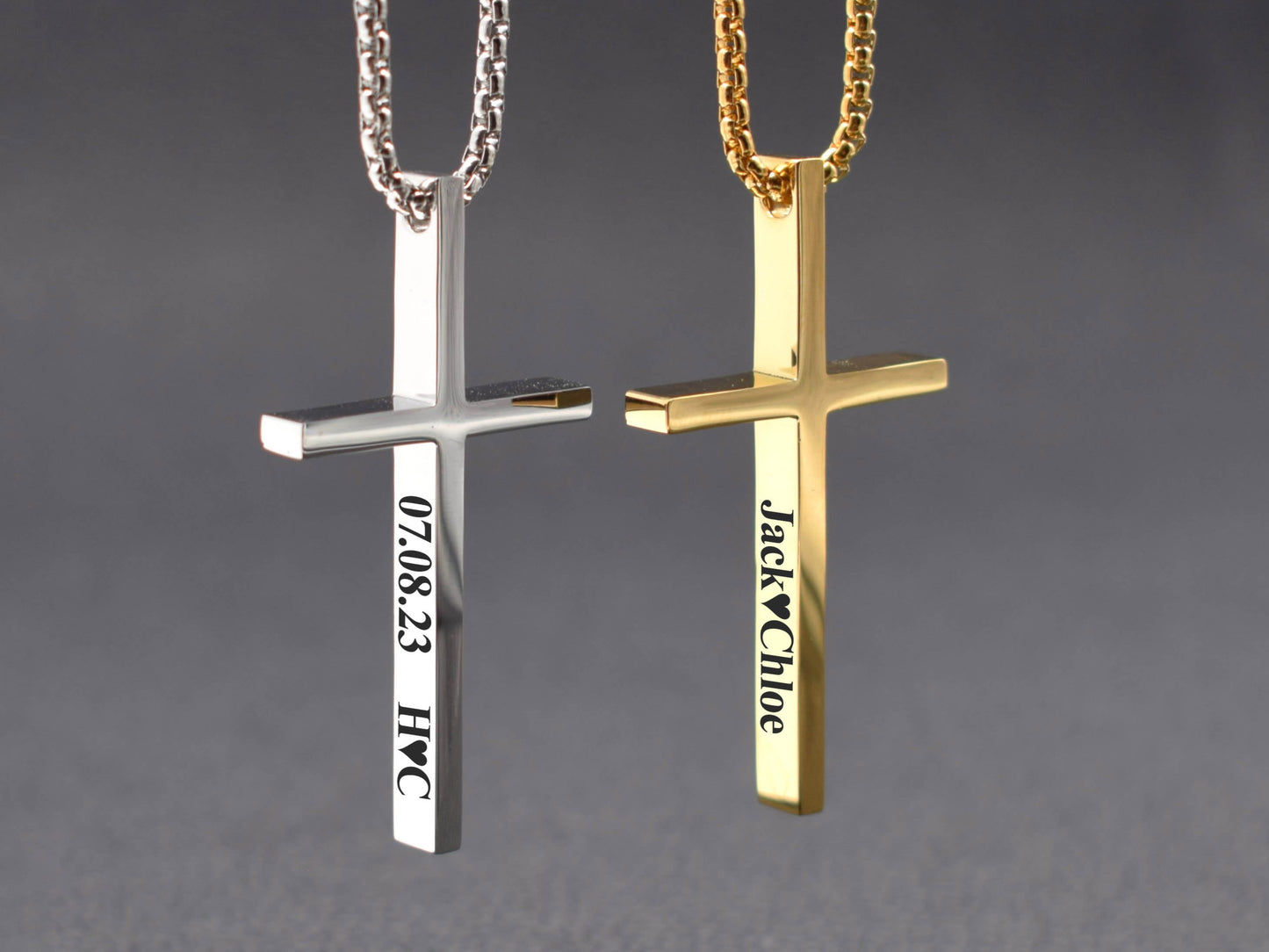 Engraved stainless steel cross necklaces in silver and gold finishes