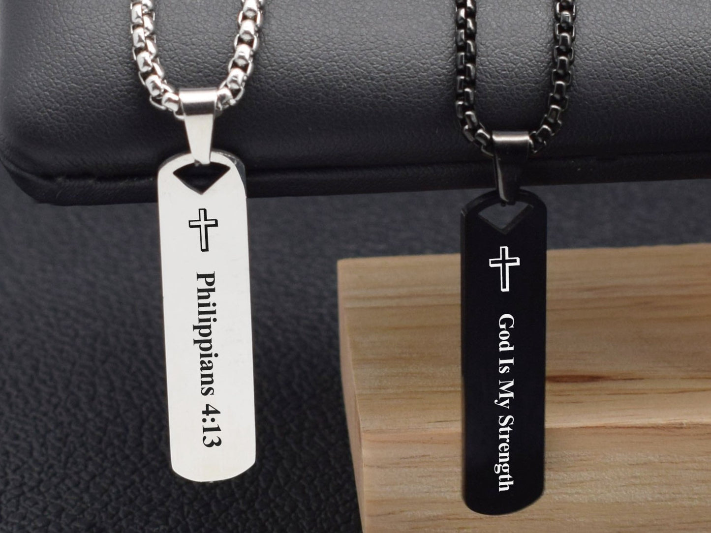 Personalized Bible Verse Necklace for Men Black Engraved Bar Pendant