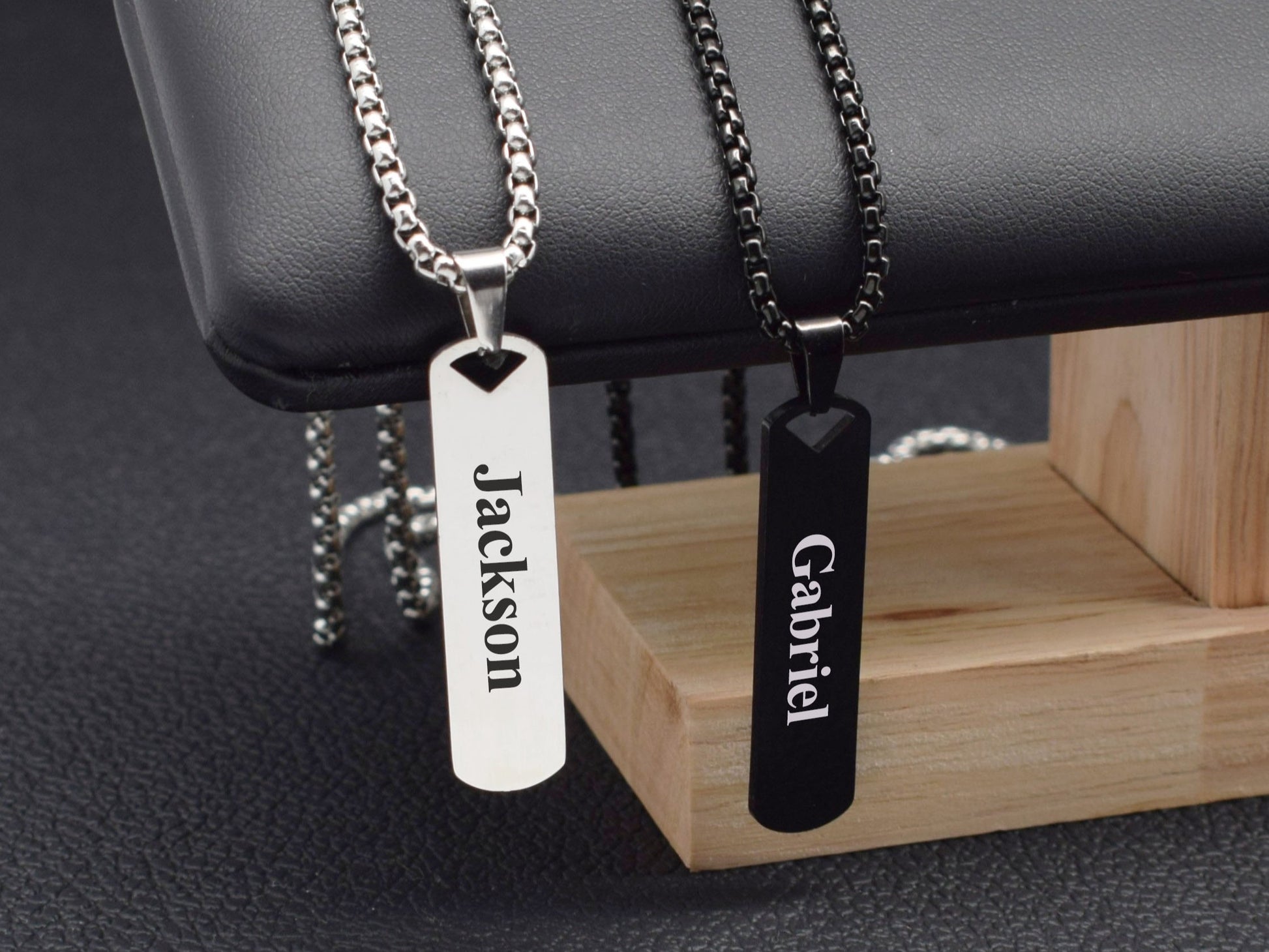 Personalized silver black bar necklace for couple with custom engraved names