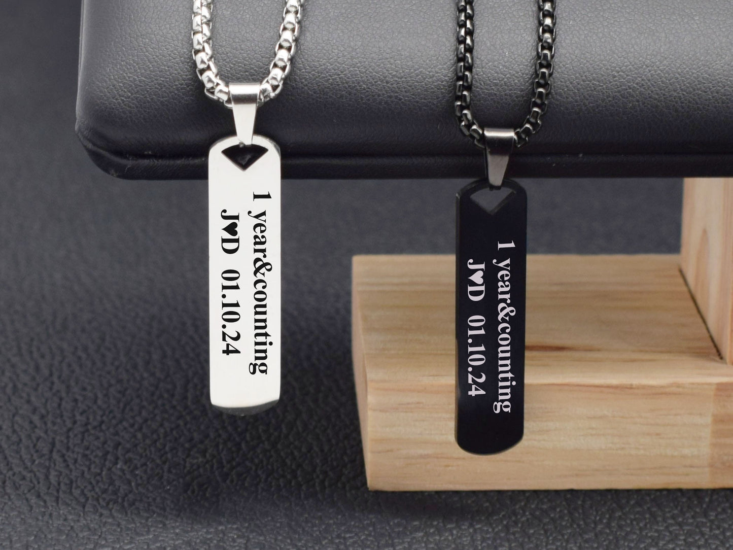 Custom engraved bar necklace for boyfriend anniversary black and silcer