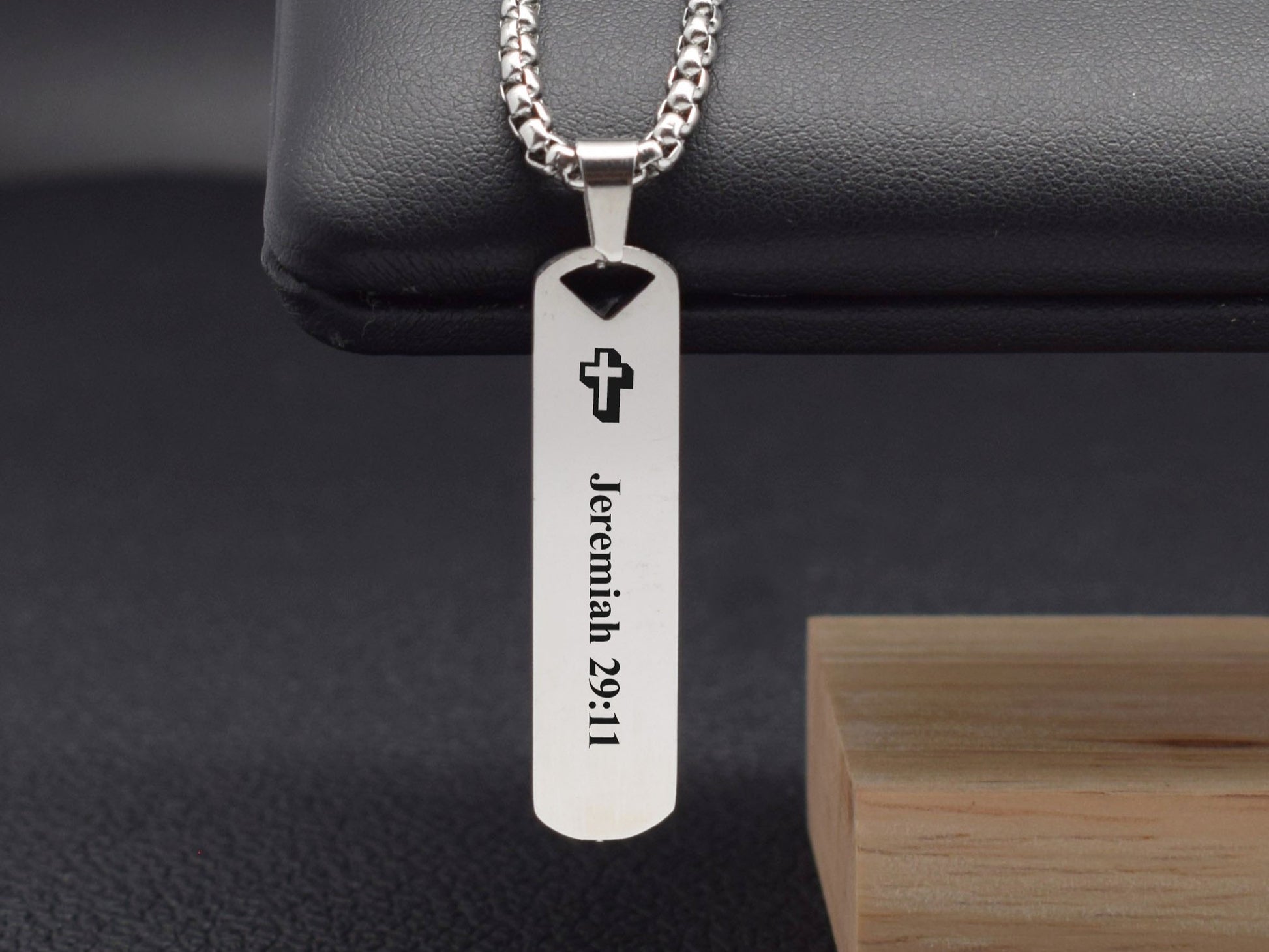 Modern minimalist necklace with engraved bible verse Jeremiah 29:11 and cross