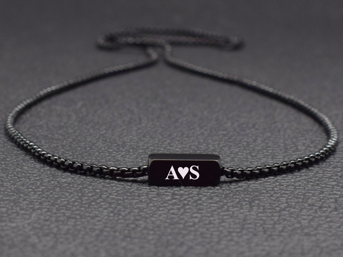 Custom engraved black necklace with couple initials and heart for him