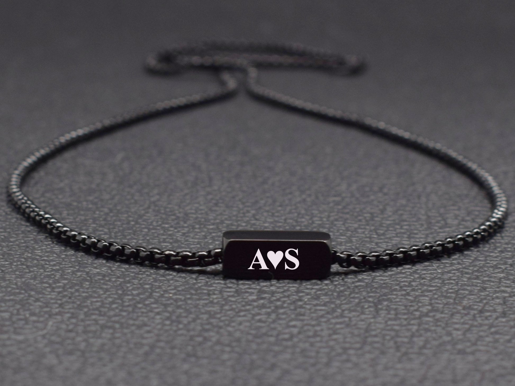 Custom engraved black necklace with couple initials and heart for him