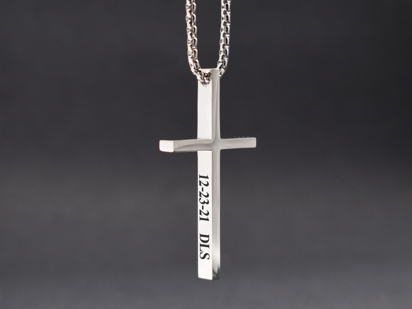 Silver personalized engraved cross necklace date
