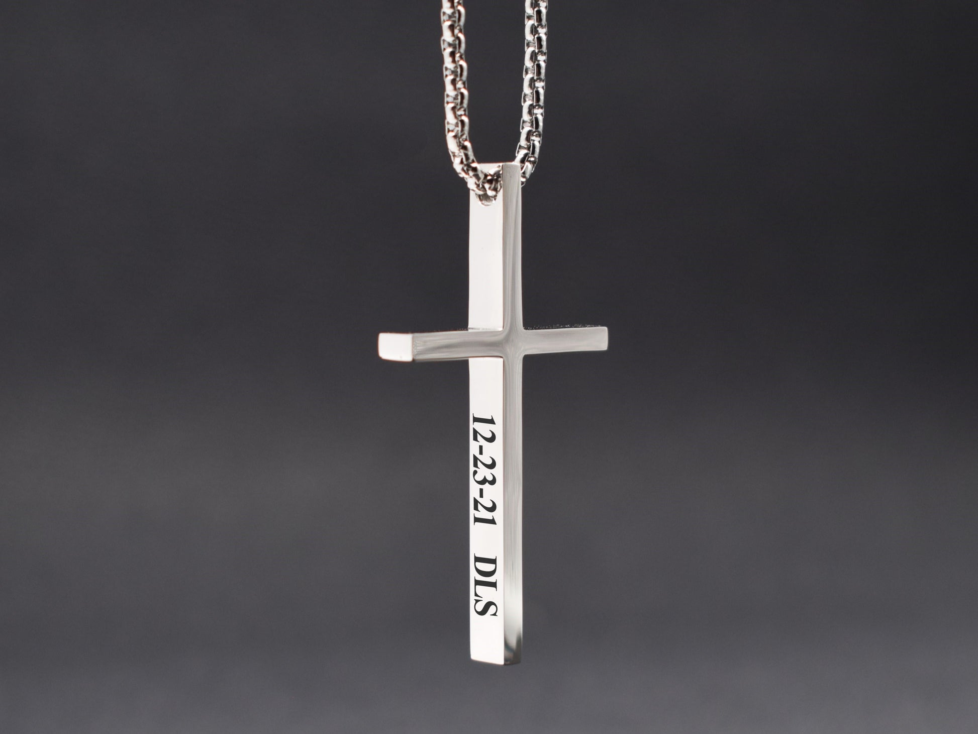 Silver personalized engraved cross necklace date