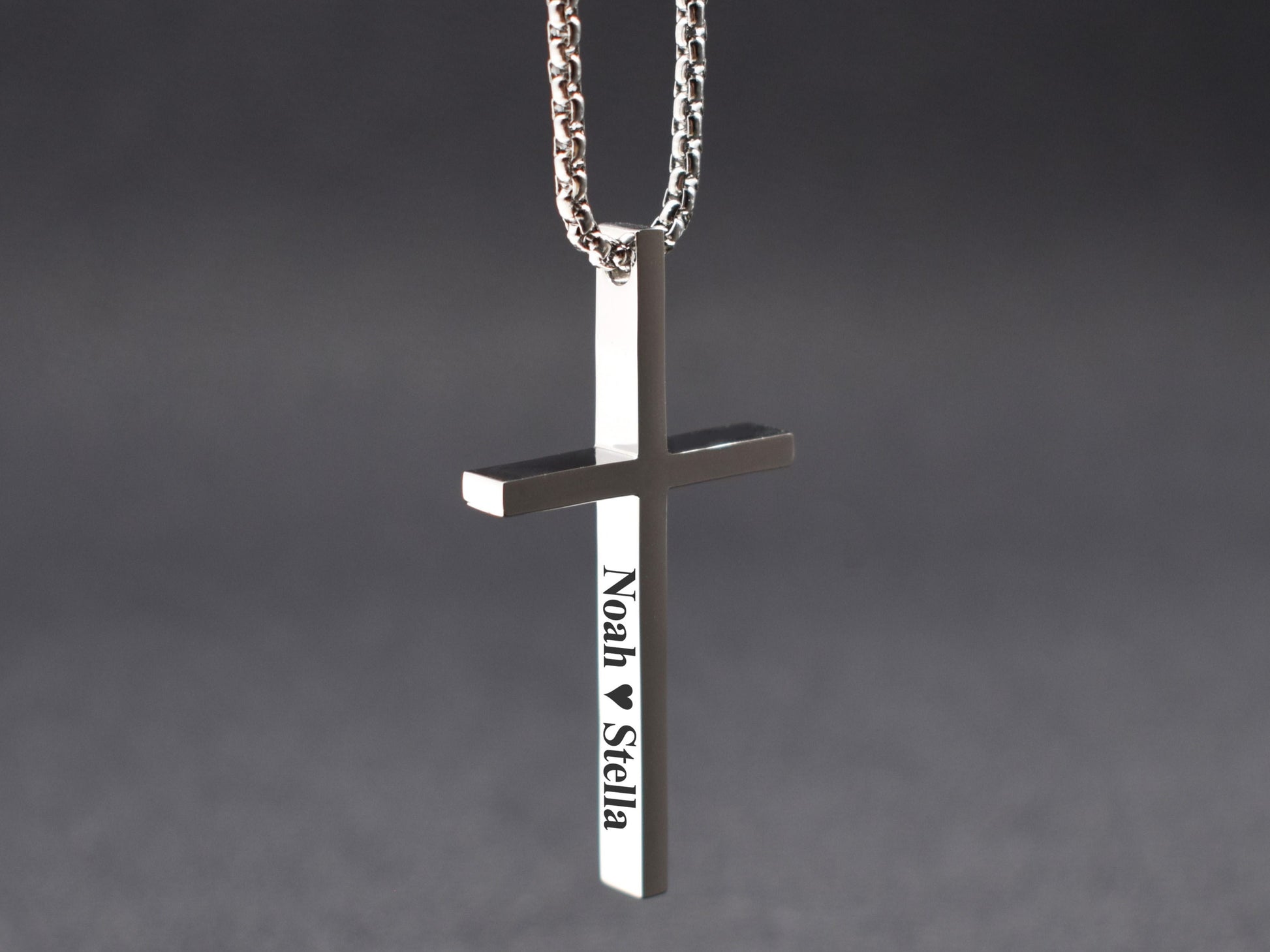 Personalized silver cross necklace with engraved names Noah heart Stella