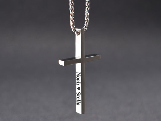 Personalized silver cross necklace with engraved names Noah heart Stella