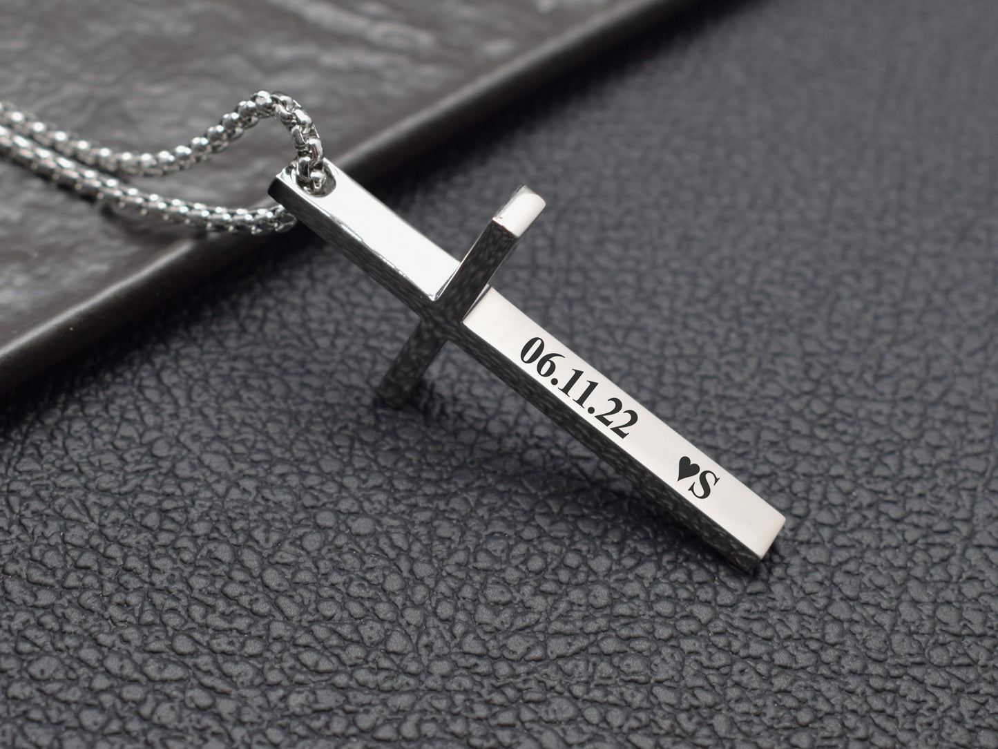Silver Engraved Cross Necklace for Men Personalized Faith Jewelry