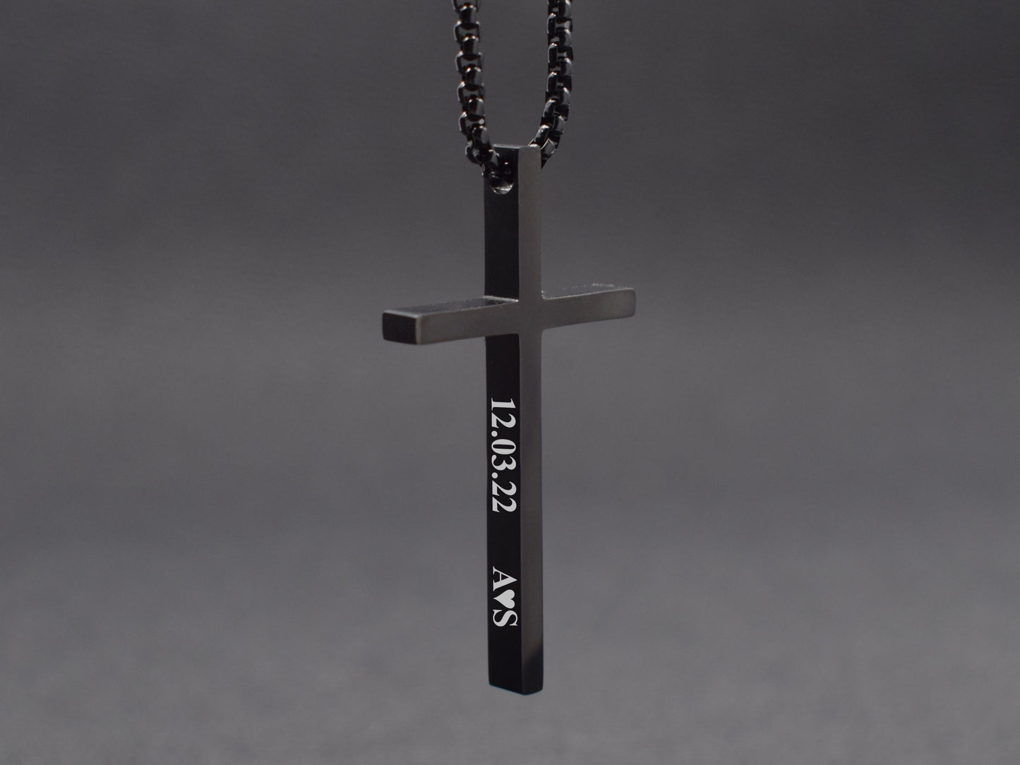 Black cross necklace for boyfriend with costom inintials date