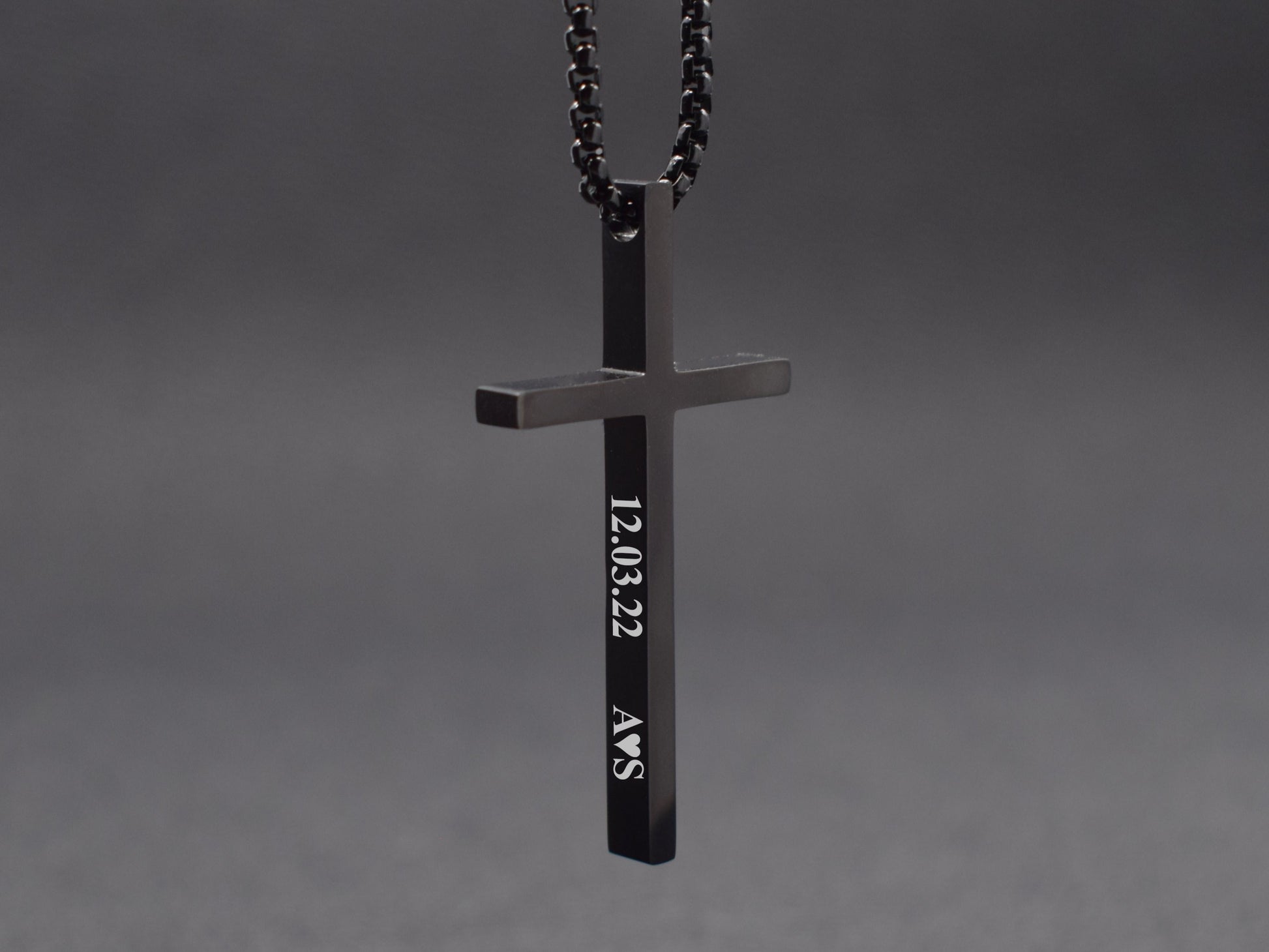 Black cross necklace for boyfriend with costom inintials date