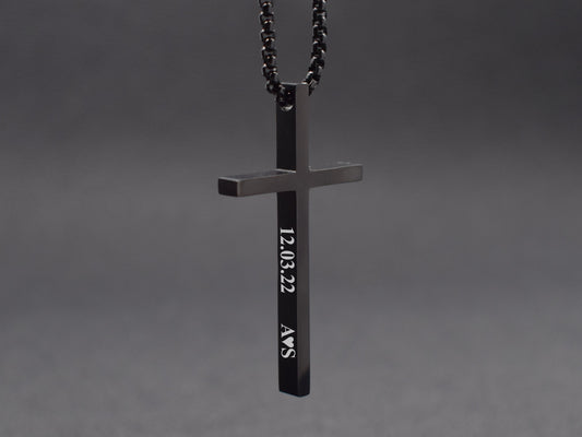 Black cross necklace for boyfriend with costom inintials date