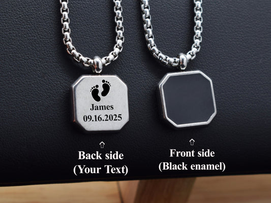 Personalized father necklace with baby feet engraving, child’s name and birth date