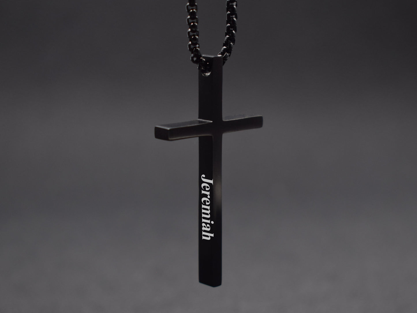 Black stainless steel engraved cross necklace for men with name engraving