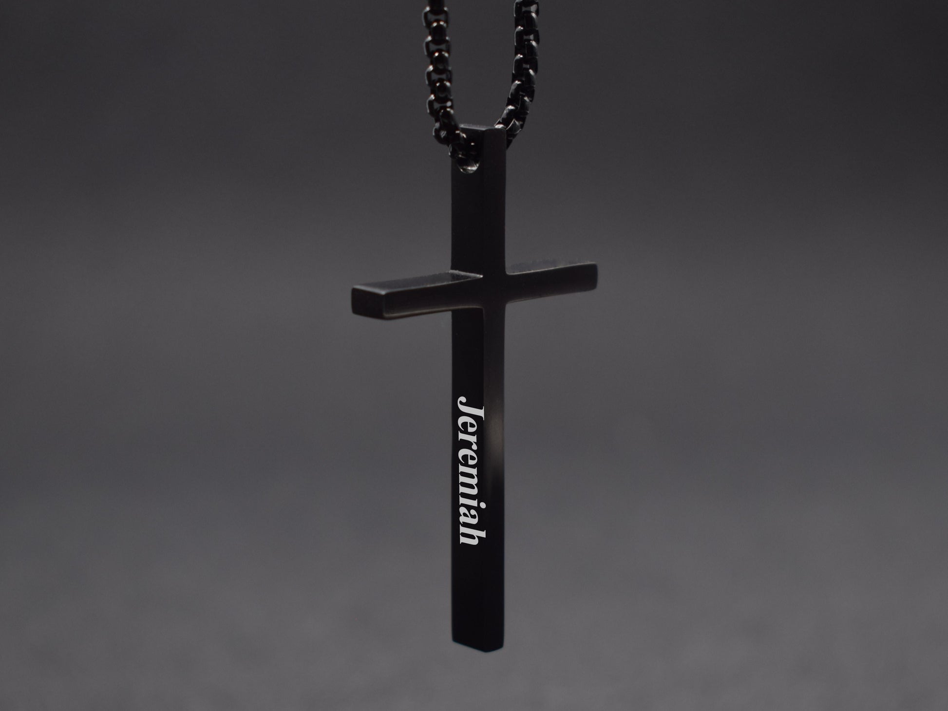 Black stainless steel engraved cross necklace for men with name engraving