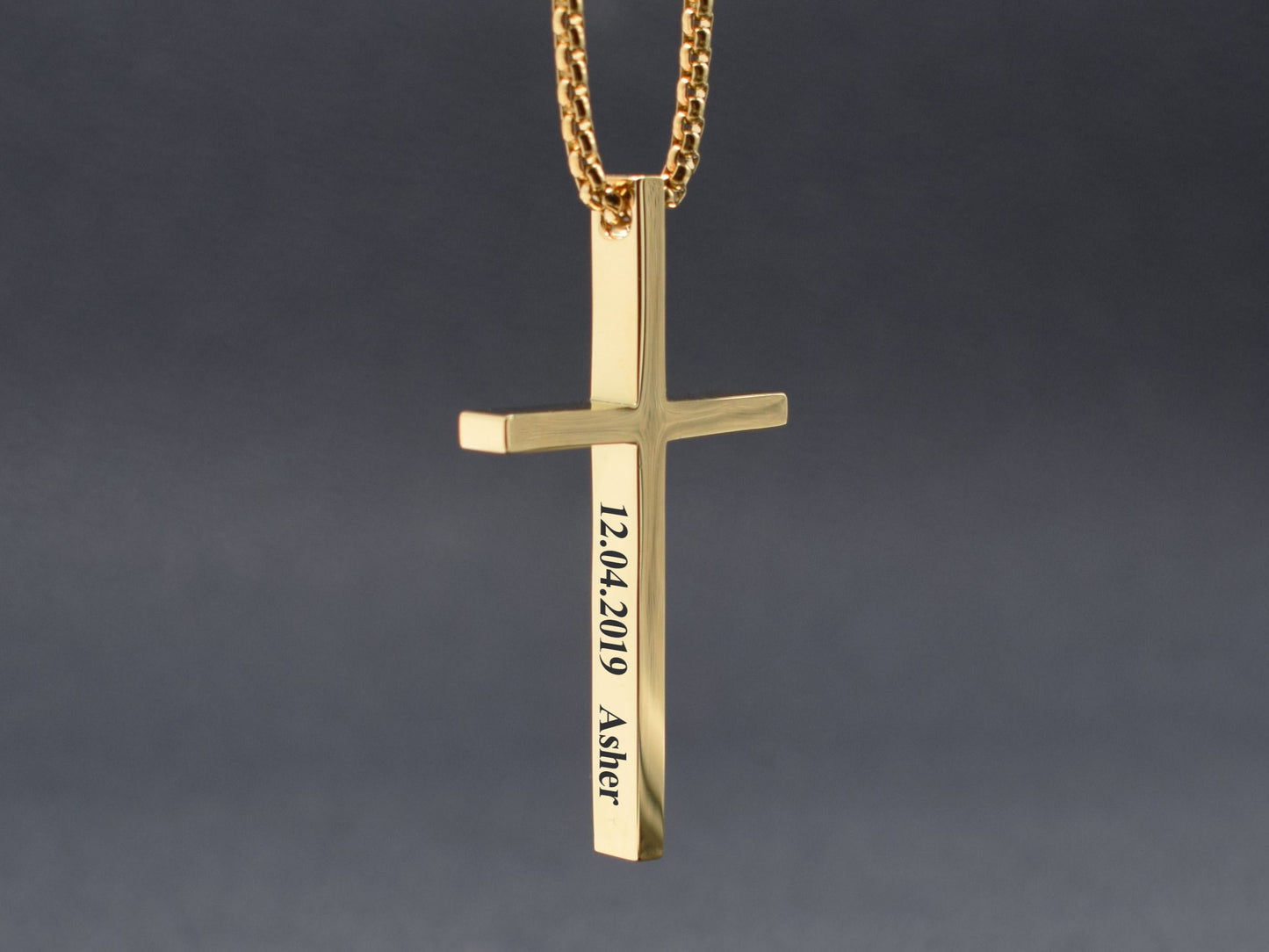 Gold cross with customized date and name